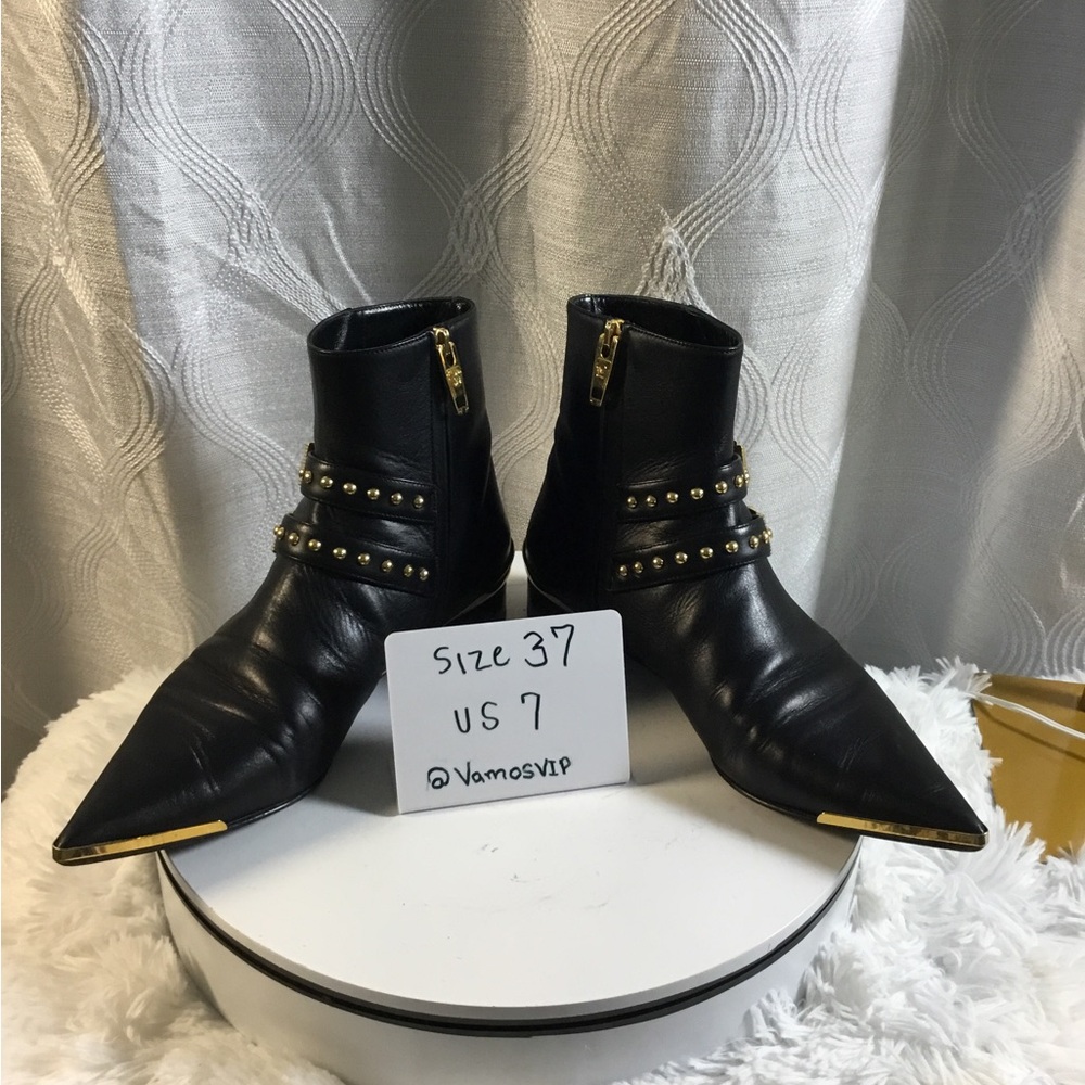 Versace Leather Black Pointed Toe Ankle Boots with Gold Stud Detail
